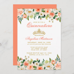 Quinceanera Gold Crown Coral Floral Invitation