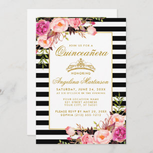 Quinceanera Gold Crown Pink Floral Stripes Photo Invitation
