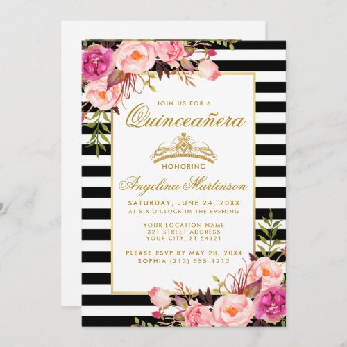 Quinceanera Gold Crown Pink Floral Stripes Photo Invitation