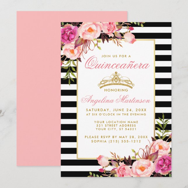 Quinceanera Gold Crown Striped Pink Floral Invitation (Front/Back)