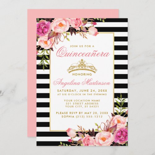 Quinceanera Gold Crown Striped Pink Floral Invitation