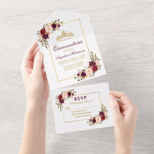 Quinceanera Gold Crown Watercolor Burgundy Floral All In One Invitation