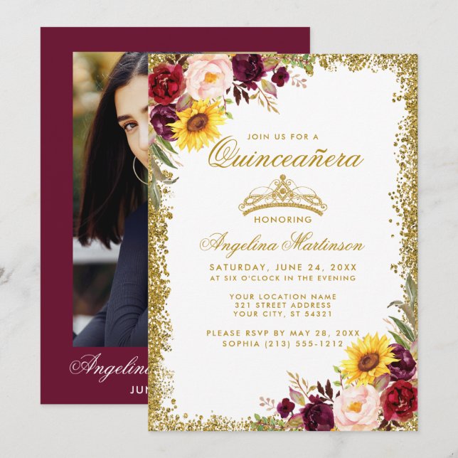 Quinceanera Gold Crown Watercolor Floral Photo Invitation (Front/Back)