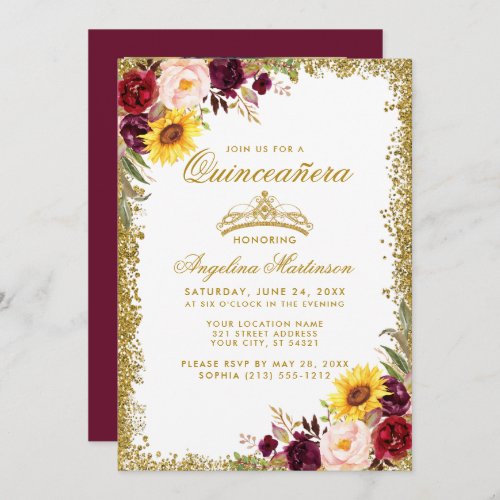 Quinceanera Gold Crown Watercolor Floral Photo Invitation