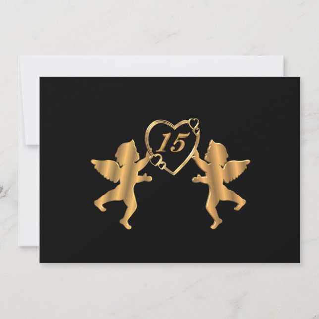 Quinceanera Gold cupids on black for 15th birthday Invitation (Front)