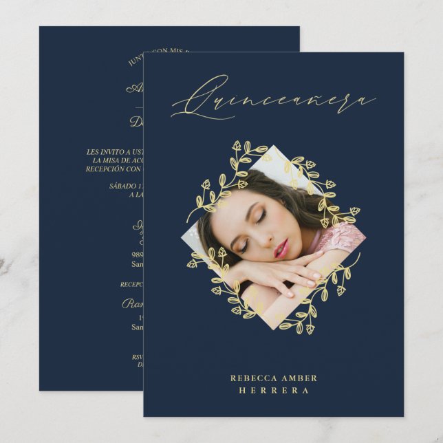 Quinceañera Gold Diamond Wildflower Navy Photo Invitation (Front/Back)