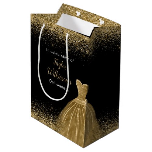 Quinceanera Gold Dress Faux Glitter Medium Gift Bag