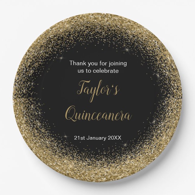 Quinceanera Gold Dress Faux Glitter Paper Plates (Front)