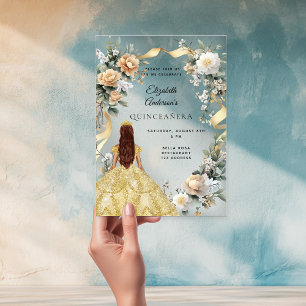Quinceanera gold dress yellow florals clear acrylic invitations
