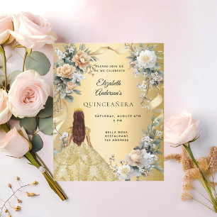 Quinceanera gold dress yellow florals invitation