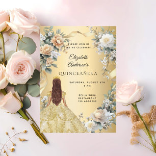 Quinceanera gold dress yellow florals invitation