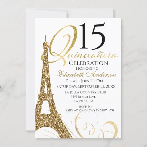 Quinceanera Gold Eiffel Tower 15th Birthday Invitation
