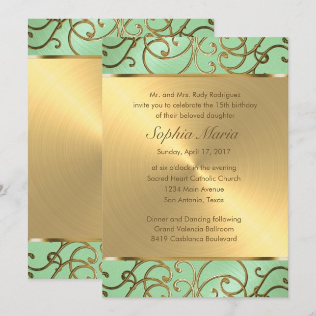 Quinceañera Gold Filigree Swirls Invitation (Front/Back)