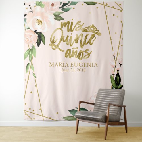 Quinceanera Gold Foil Blush Pink Floral Backdrop