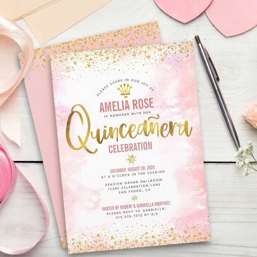 Quinceaera Gold Foil Blush Pink Watercolor Chic Invitation