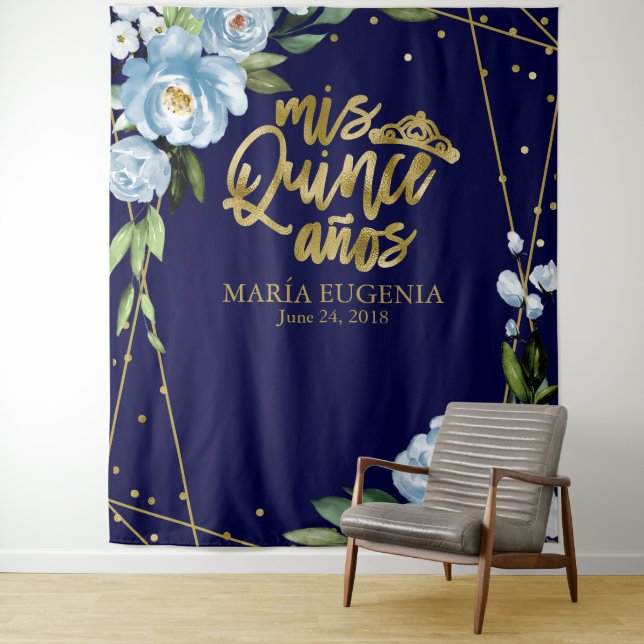 Quinceanera Gold Foil Dark Blue Floral Backdrop (In Situ)