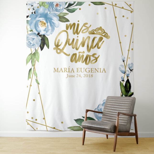 Quinceanera Gold Foil Dusty Blue Floral Backdrop (In Situ)