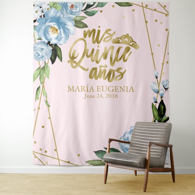 Quinceanera Gold Foil Pink Blue Floral Backdrop (In Situ)