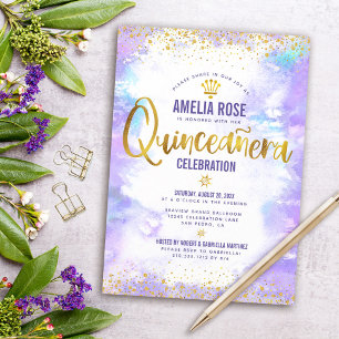 Quinceañera Gold Foil Purple Watercolor Elegant Invitation