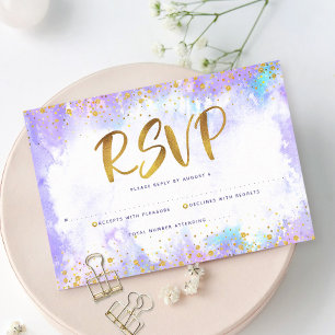 Quinceañera Gold Foil Purple Watercolor Elegant RSVP Card