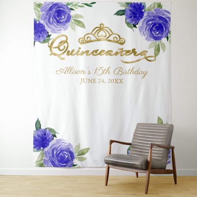 Quinceanera Gold Foil Tiara Blue Floral Backdrop (In Situ)