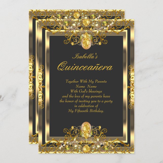 Quinceanera Gold Gems Black 15th Birthday Invitation (Front/Back)