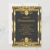 Quinceanera Gold Gems Black 15th Birthday Invitation (Front)