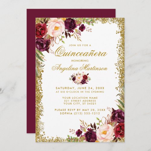 Quinceanera Gold Glitter Burgundy Floral Invite B