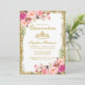 Quinceanera Gold Glitter Crown Pink Floral Invitation | Zazzle