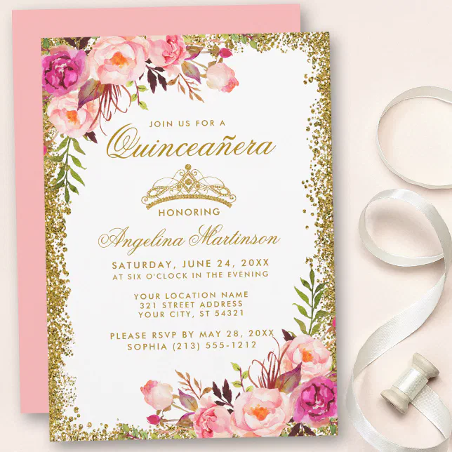 Quinceanera Gold Glitter Crown Pink Floral Invitation | Zazzle