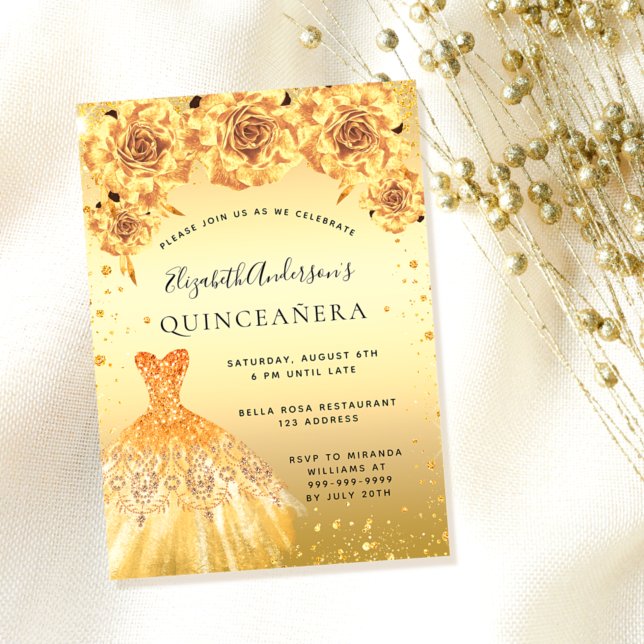 Quinceanera gold glitter dress floral glamorous invitation (Creator Uploaded)
