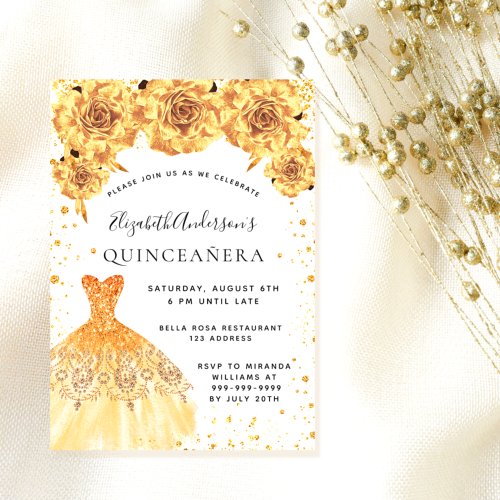 Quinceanera gold glitter dress floral glamorous invitation