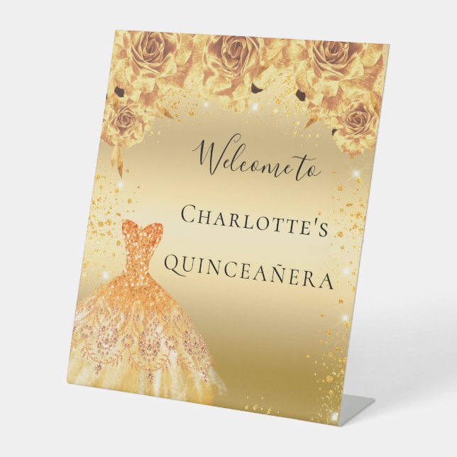 Quinceanera gold glitter dress florals welcome pedestal sign (Front)