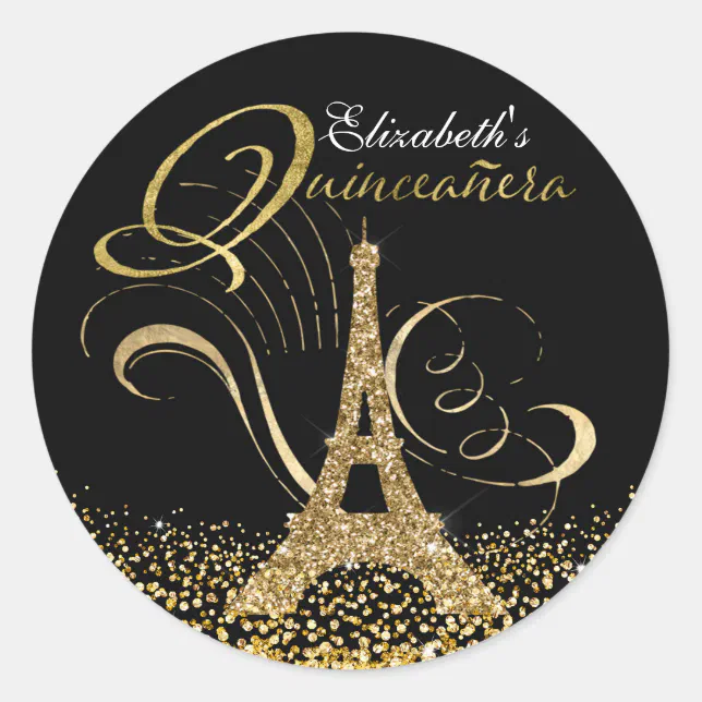 Quinceanera Gold Glitter Eiffel Tower Personalized Classic Round ...