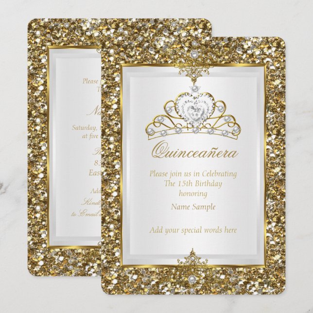 Quinceanera Gold Glitter White Pearl Tiara 2 Invitation (Front/Back)