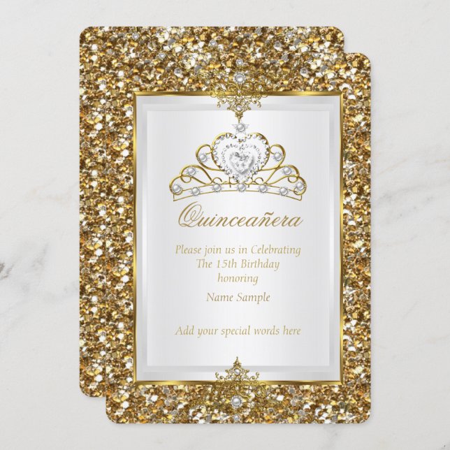 Quinceanera Gold Glitter White Pearl Tiara 2 Invitation (Front/Back)