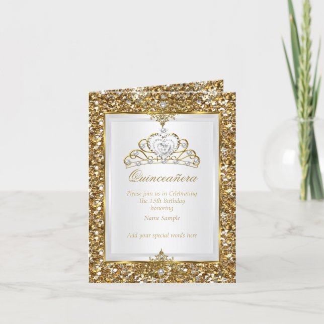 Quinceanera Gold Glitter White Pearl Tiara Photo Invitation (Front)