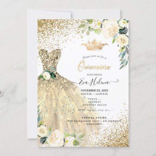 Quinceaera Gold Glitters Gown Cream Roses Invitation