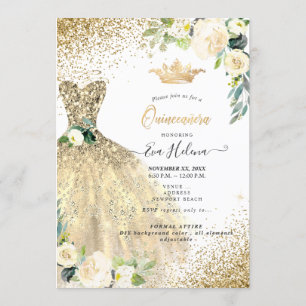 Quinceañera, Gold Glitters Gown Cream Roses Invitation
