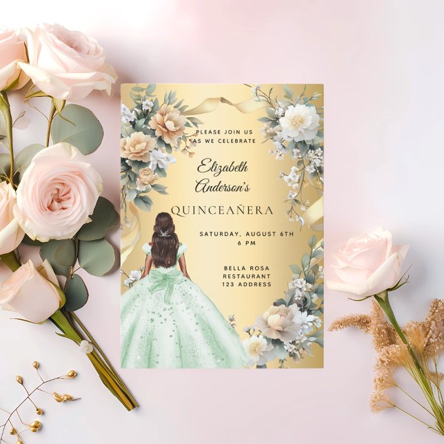 Quinceanera gold green dress florals invitation (Creator Uploaded)