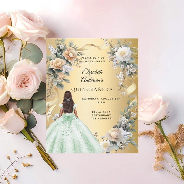 Quinceanera gold green dress florals invitation (Creator Uploaded)