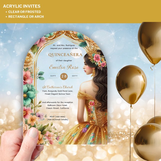 Quinceañera Gold Pink Green Roses Dress Quince Acrylic Invitations (Creator Uploaded)