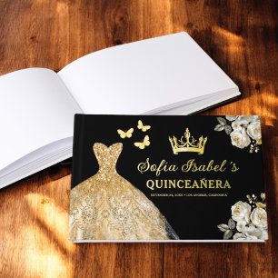 Quinceañera Gold Princess Floral Butterflies Foil Guest Book