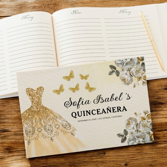 Quinceañera Gold Princess Floral Butterflies Guest Book (Creator Uploaded)