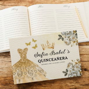 Quinceañera Gold Princess Floral Butterflies Guest Book