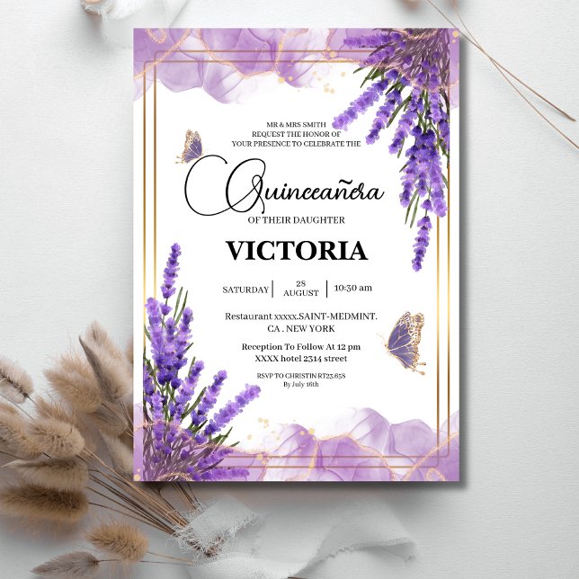 Quinceañera gold Purple lavender Floral Butterfly Invitation (Creator Uploaded)