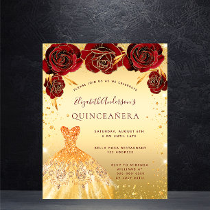 Quinceanera gold red dress floral invitation