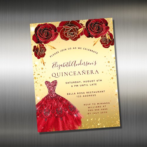 Quinceanera gold red dress invitation magnet