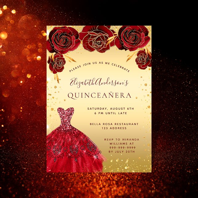 Quinceanera gold red glitter dress florals invitation (Creator Uploaded)