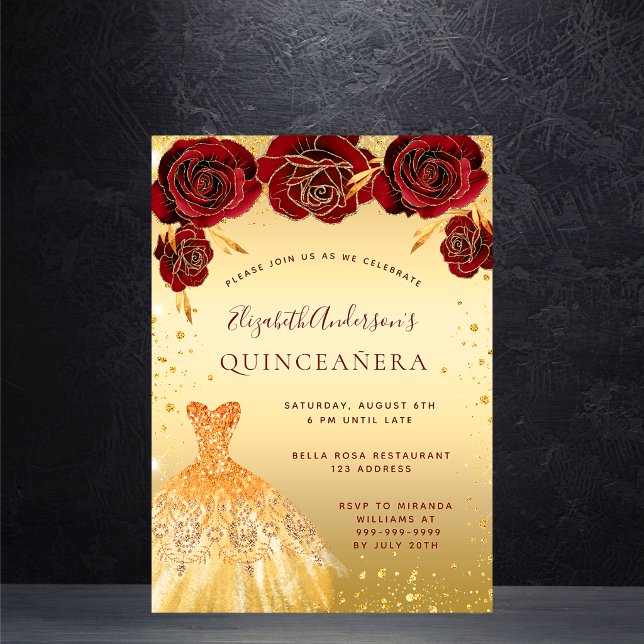 Quinceanera gold red glitter dress florals invitation